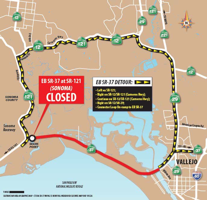 Detour map for the closure of eastbound State Route 37 between SR-121 and Mare Island. Motorists travelling eastbound on SR-37 should: turn left on SR-121, turn right on SR-12/SR-121 (Cameros Hwy), continue on SR-12/SR-121 (Cameros Hwy), turn right on SR-12/SR-29, take the connector loop on-ramp to return to eastbound SR-37.