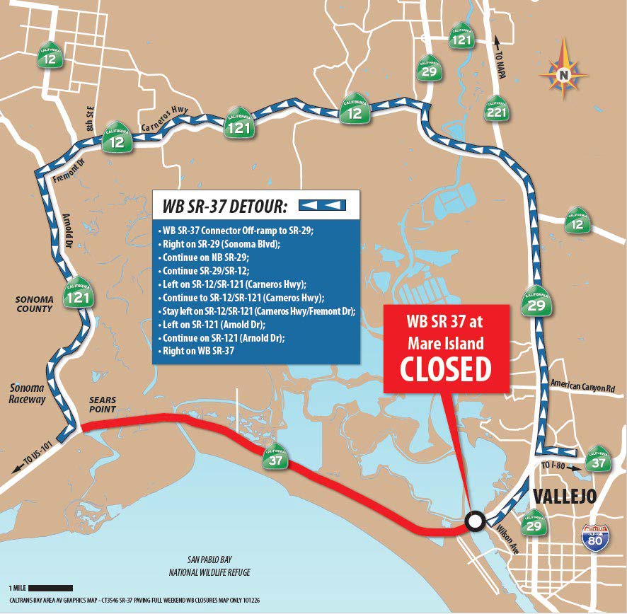 Detour map for the closure of westbound State Route 37 between Mare Island and SR-121. Motorists travelling westbound on SR-37 should: Take WB SR-37 connector off-ramp to SR-29; right on SR-29 (Sonoma Blvd); continue on NB SR-29; Continue SR-29/SR-12; left on SR-12/SR-121 (Carneros Hwy); continue to SR-12/SR-121 (Carneros Hwy); stay left on SR-12/SR-121 (Carneros Hwy/Fremont Dr); left on SR-121 (Arnold Dr); right onto WB SR-37.
