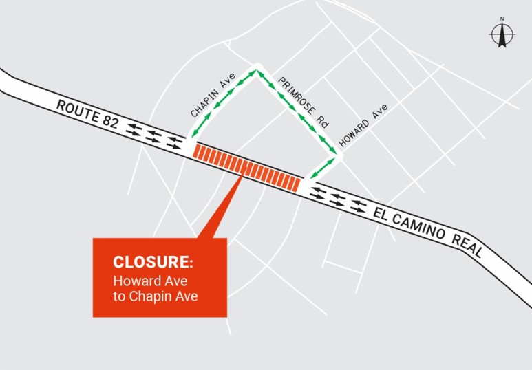 Short-term full closures on SR-82 (El Camino Real) in Burlingame for tree work detour map. Chapin Ave to Howard Ave detour. Northbound and southbound lanes to remain closed, detour through Primrose Road.