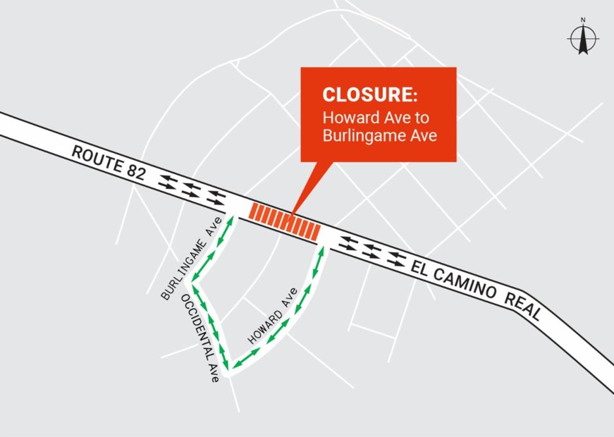 Short-term full closures on SR-82 (El Camino Real) in Burlingame for tree work detour map. Howard Ave to Burlingame Ave detour. Northbound and southbound lanes to remain closed, detour through Occidental Avenue.