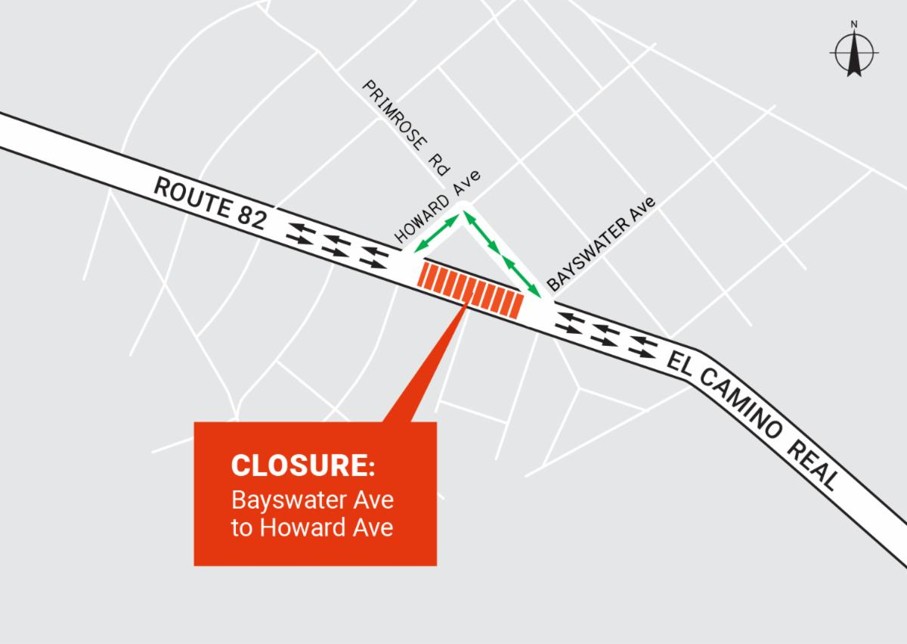 Short-term full closures on SR-82 (El Camino Real) in Burlingame for tree work detour map. Howard Ave to Bayswater Ave detour. Northbound and southbound lanes to remain closed, detour through Primrose Road.