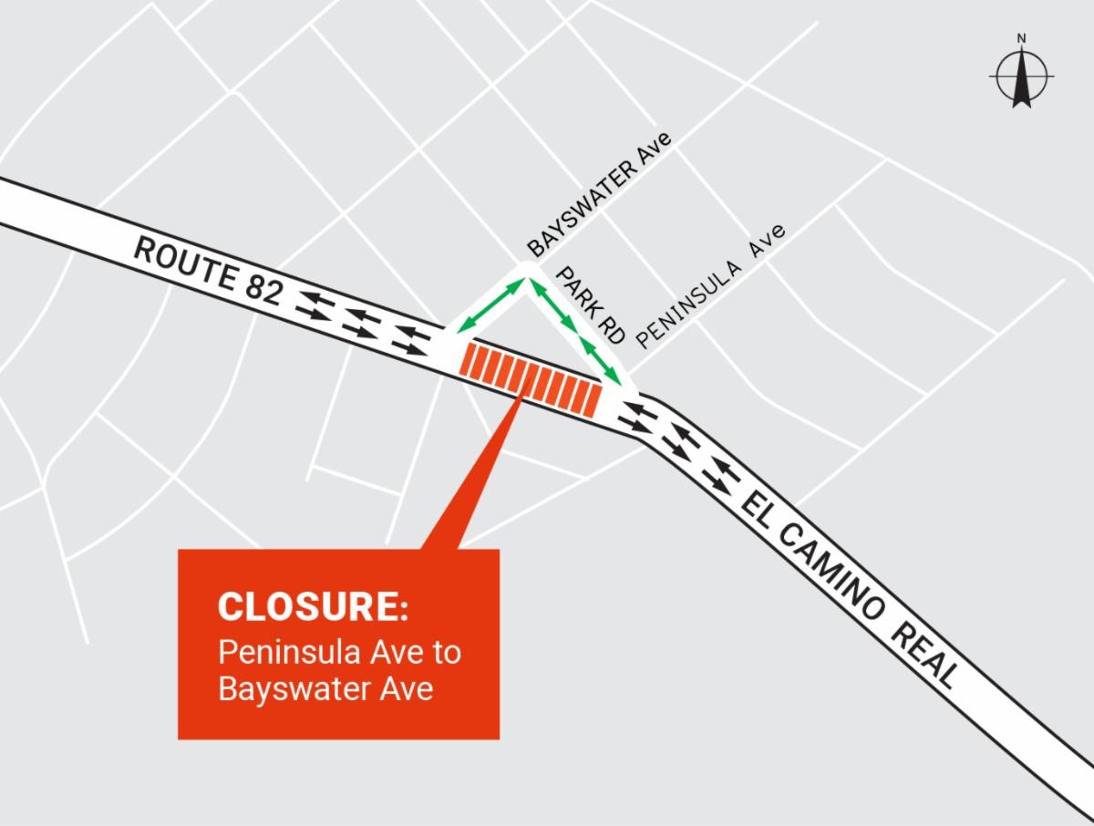Short-term full closures on SR-82 (El Camino Real) in Burlingame for tree work detour map. Peninsula Ave to Bayswater Ave detour. Northbound and southbound lanes to remain closed, detour through Park Road.