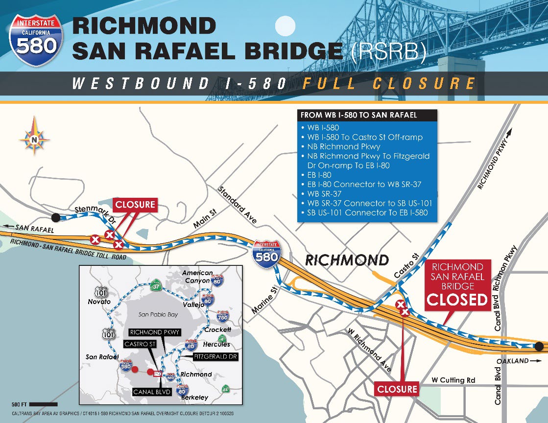 Westbound I-580 Overnight 9-Hour Full Closure of at the Richmond San Rafael Bridge Toll Plaza, Stenmark Drive Detour to Castro map. Richmond San Rafael Bridge Closed. From WB I-580 to San Rafael, take WB I-580 to Castro St. off-ramp, NB Richmond Pkwy, NB Richmond Pkwy to Fritzgerald Dr. on-ramp to EB I-80. EB I-80 take the EB I-80 connector to WB SR-37, take WB SR-37 connector to SB US-101. SB US-101 connector to EB I-580..