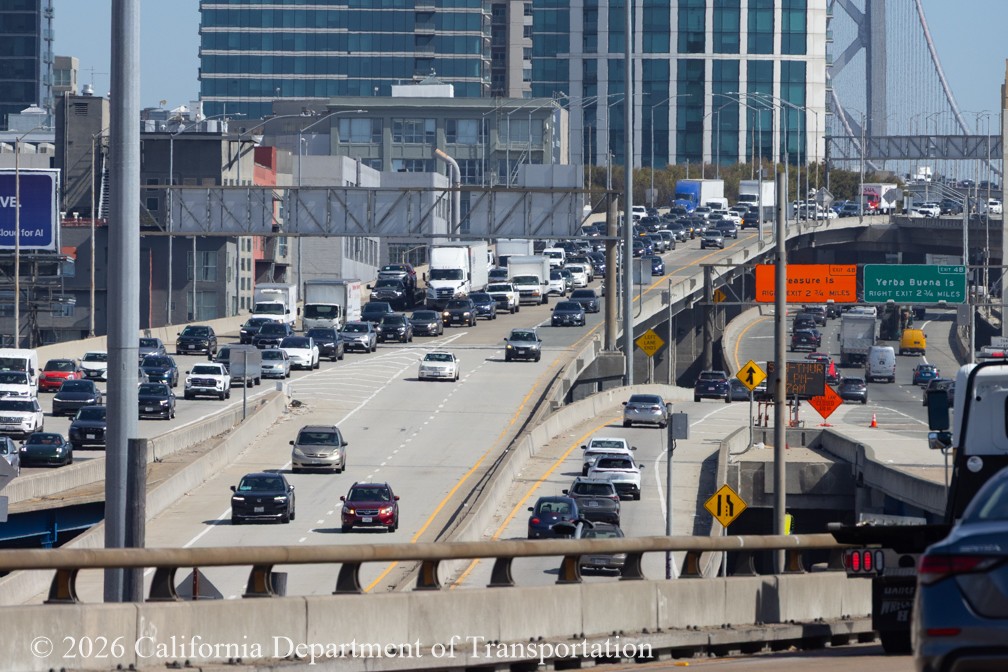 Cars travelling westbound on Interstate 80 Bayshore Freeway, San Francisco, Ca.