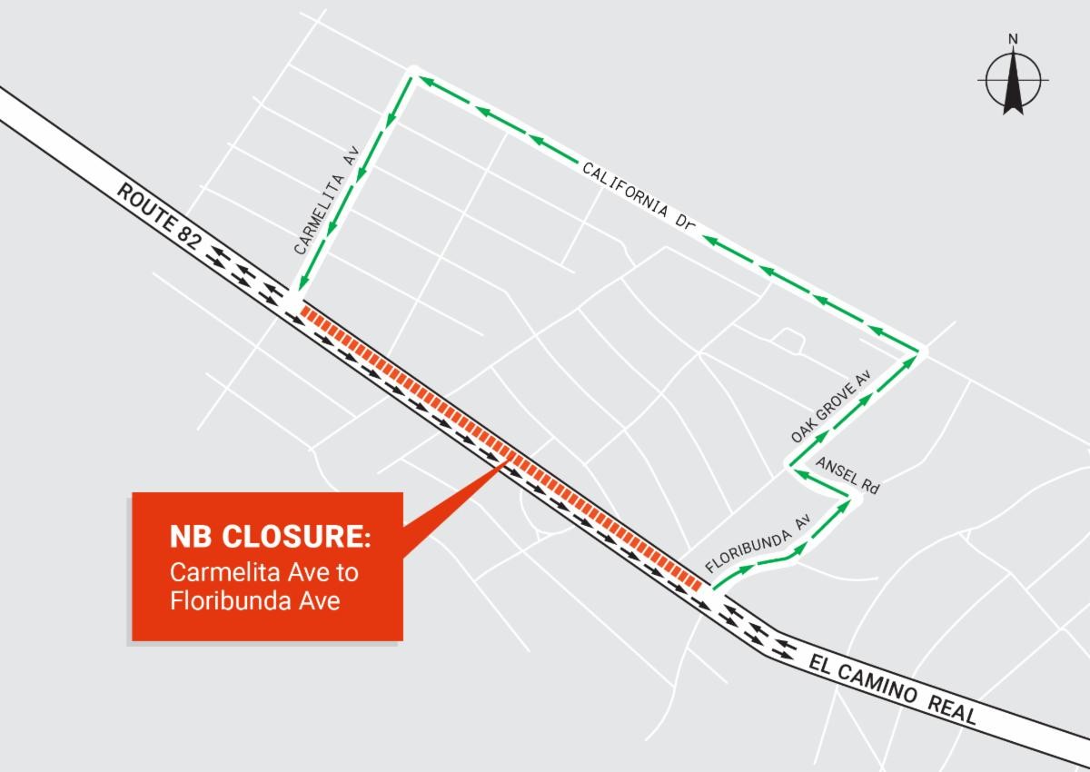 El Camino Real Roadway Renewal detour map.  Carmelita Ave to Floribunda Ave closure. Northbound lanes to remain closed. Driving north on El Camino Real, turn right on Floribunda, left on Ansel, right on Oak Grove, left on California, left on Carmelita, and right on El Camino Real.