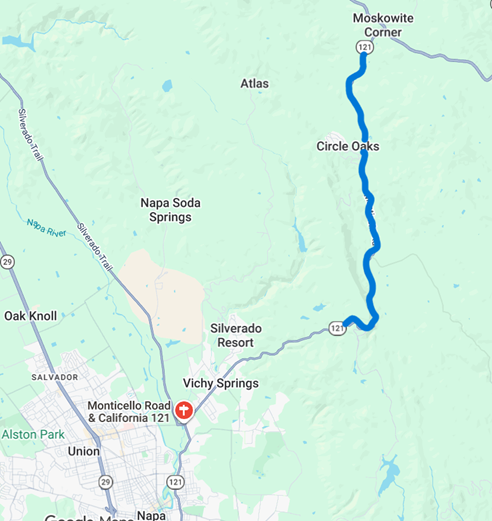 Map of Napa County overnight one-lane traffic control of SR 121 (Monticello Road) for erosion control.