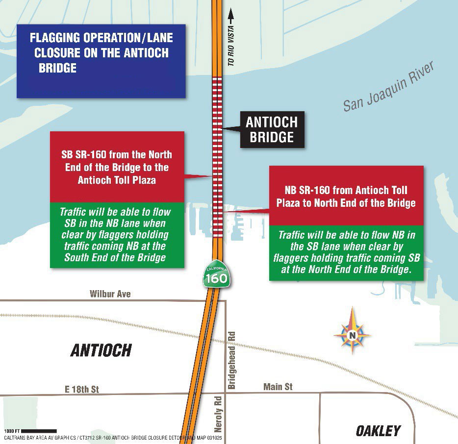 Map for overnight one way traffic control on Antioch Bridge (SR-160) for Drainage Cleaning Operations. Flagging operation/lane closure on Antioch Bridge. SB SR-160 from the North end of the bridge to the Antioch toll plaza. Traffic will be able to flow SB in the NB lane when clear by flaggers holding traffic coming NB at the South end of the bridge. NB SR-160 from Antioch toll plaza to North end of the bridge. Traffic will be able to flow NB in the SB lane when clear by flaggers holding traffic coming SB at the North end of the bridge.