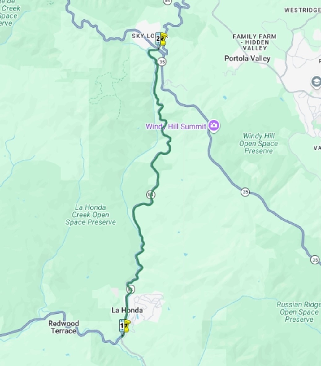 State Route 84 rolling closures for vegetation management between Pescadero Creek Road and the SR-35/84 (Four Corners) intersection in La Honda and the town of Woodside map.