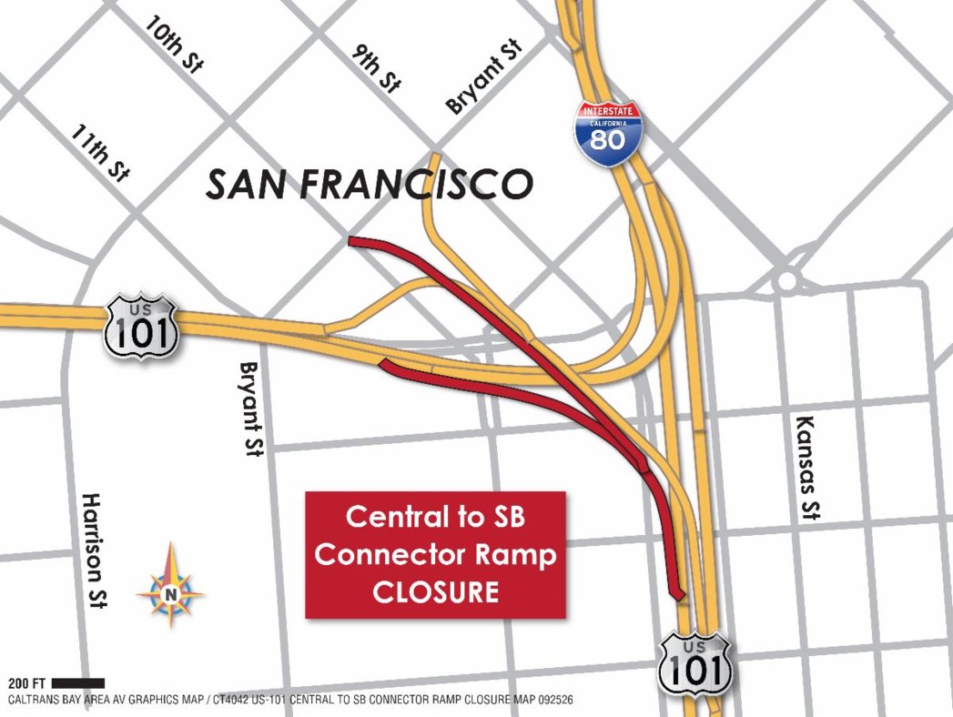 Map of US 101 Southbound Central Freeway to Southbound 101 Freeway connector ramp closure.