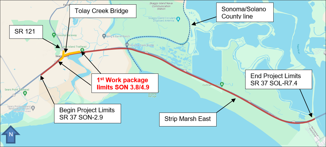 Map showing the project area that begins on State Route 37 at marker SON-2.9 and continues across the Sonoma/Solano county line to the project end at marker SOL-R7.4