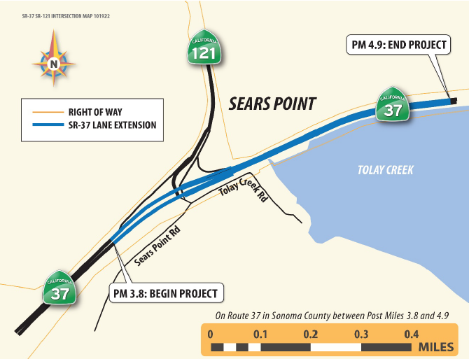 Map show the project area for the Improve Traffic Operations at SR-37/121 Intersection project on State Route 37 in Sonoma County. Map shows the project begins at PM 3.8 on State Route 37 and ends at PM 4.9 on State Route 37.