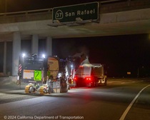 Caltrans removes the old roadway surface on westbound State Route 37 in Solano County on the night of April 19, 2024.