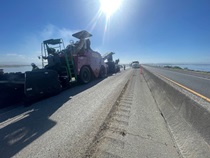 A Caltrans crew repaves westbound State Route 37 in Solano County on April 21, 2024.