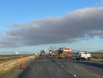 A Caltrans crew repaves westbound State Route 37 in Solano County on April 21, 2024.