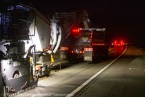 Caltrans crews perform grinding work on westbound State Route 37 in Solano County on the night of April 26, 2024.