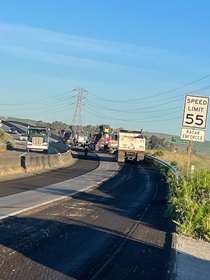 A Caltrans crew performs maintenance work on westbound State Route 37 in Solano County as part of the State Route 37 Pavement Project on April 27, 2024.