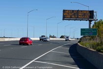 A sign alerts drivers of the closure of westbound State Route 37 in Solano County on April 27, 2024.