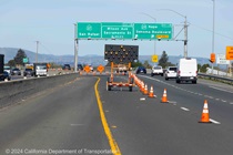 Cones and signs are used to direct drivers towards the detour route during the closure of westbound State Route 37 in Vallejo.
