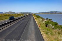New pavement installed on westbound State Route 37 in Solano County on April 28, 2024.