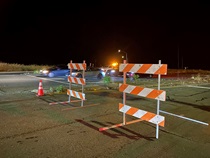 Barriers are used to close lanes for the closure of eastbound State Route 37 on May 10, 2024.