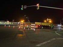 Cones and barriers are used to close lanes for the closure of eastbound State Route 37 on the night of May 17, 2024.