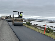 Caltrans paving equipment and crew working on eastbound State Route 37 on May 18, 2024.