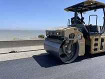 Caltrans paving equipment and crew working on eastbound State Route 37 on May 19, 2024.