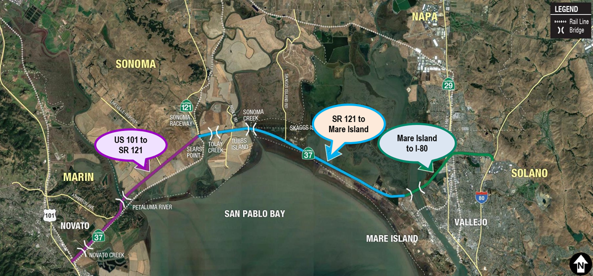Image showing an overview of the three sections of the State Route 37 corridor: US 101 to SR 121, SR 121 to Mare Island, and Mare Island to I-80.