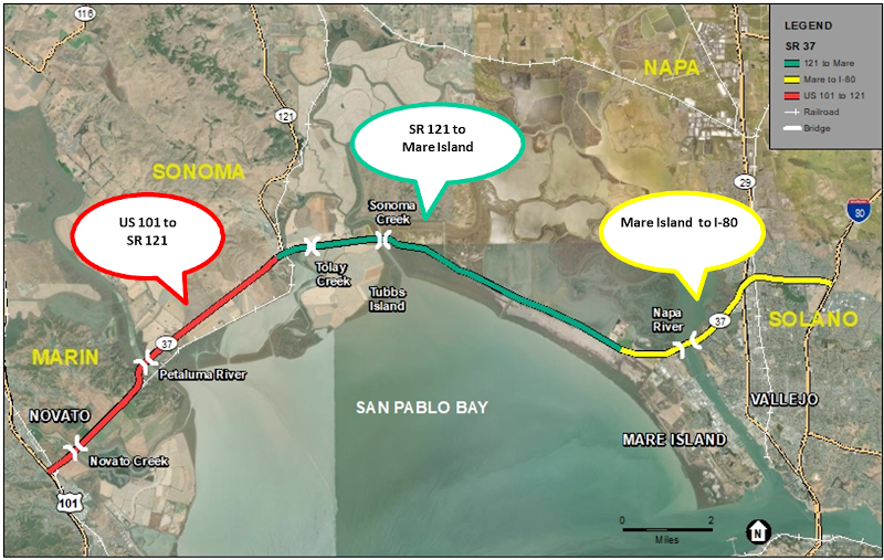 Map of SR 37 linking the north, east and west SF Bay Region along the northern shore of San Pablo Bay