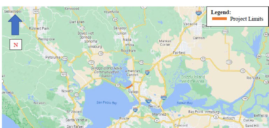 Map showing the project limits along Westbound State Route 37 in Vallejo where Caltrans has proposed installing variable message signs, a queue detection system, and lighting.
