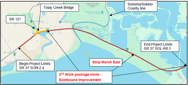 Map showing the project area that begins on State Route 37 at marker SON-2.4 and continues across the Sonoma/Solano county line to the project end at marker SOL-R8.5. 2nd Work Package limits are indicated on Eastbound SR-37 from near Tolay Creek Bridge through the end of the project limits at mile marker SOL-R8.5.