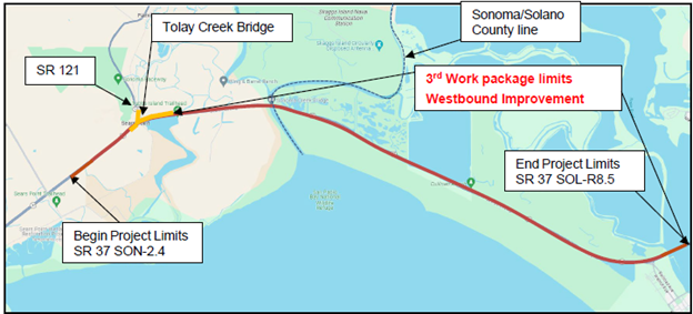Map showing the project area that begins on State Route 37 at marker SON-2.4 and continues across the Sonoma/Solano county line to the project end at marker SOL-R8.5. 2nd Work Package limits are indicated on Westbound SR-37 from near Tolay Creek Bridge through the end of the project limits at mile marker SOL-R8.5.