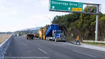Caltrans works on repaving southbound Interstate 680 at the Stoneridge Drive exit on April 28, 2024.