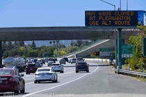 Message sign alerts drivers on southbound Interstate 680 in Contra Costa County of the freeway closure ahead.  