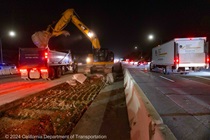 Caltrans uses equipment to begin removing the old road surface on southbound Interstate 680 while traffic continues in the northbound direction on the night of May 31, 2024.