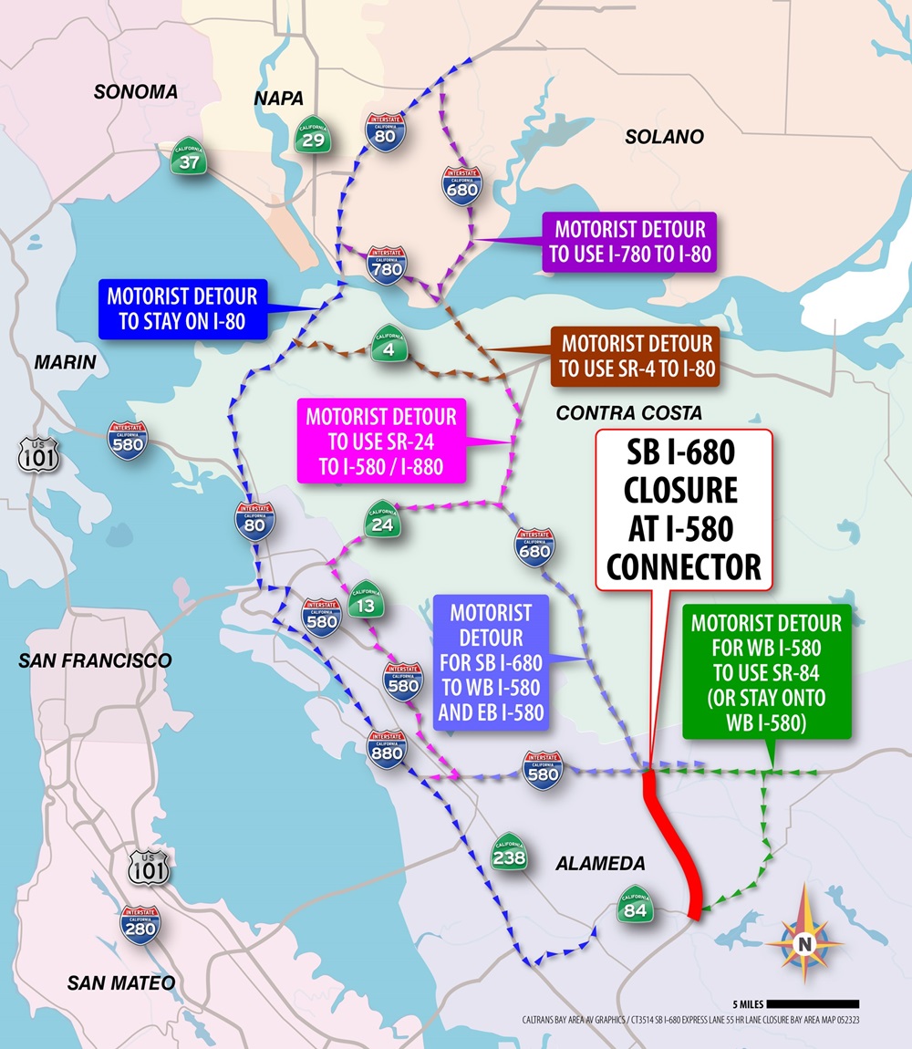 Map showing regional detour routes for the closure of southbound I-680 at I-580 in Alameda County. 