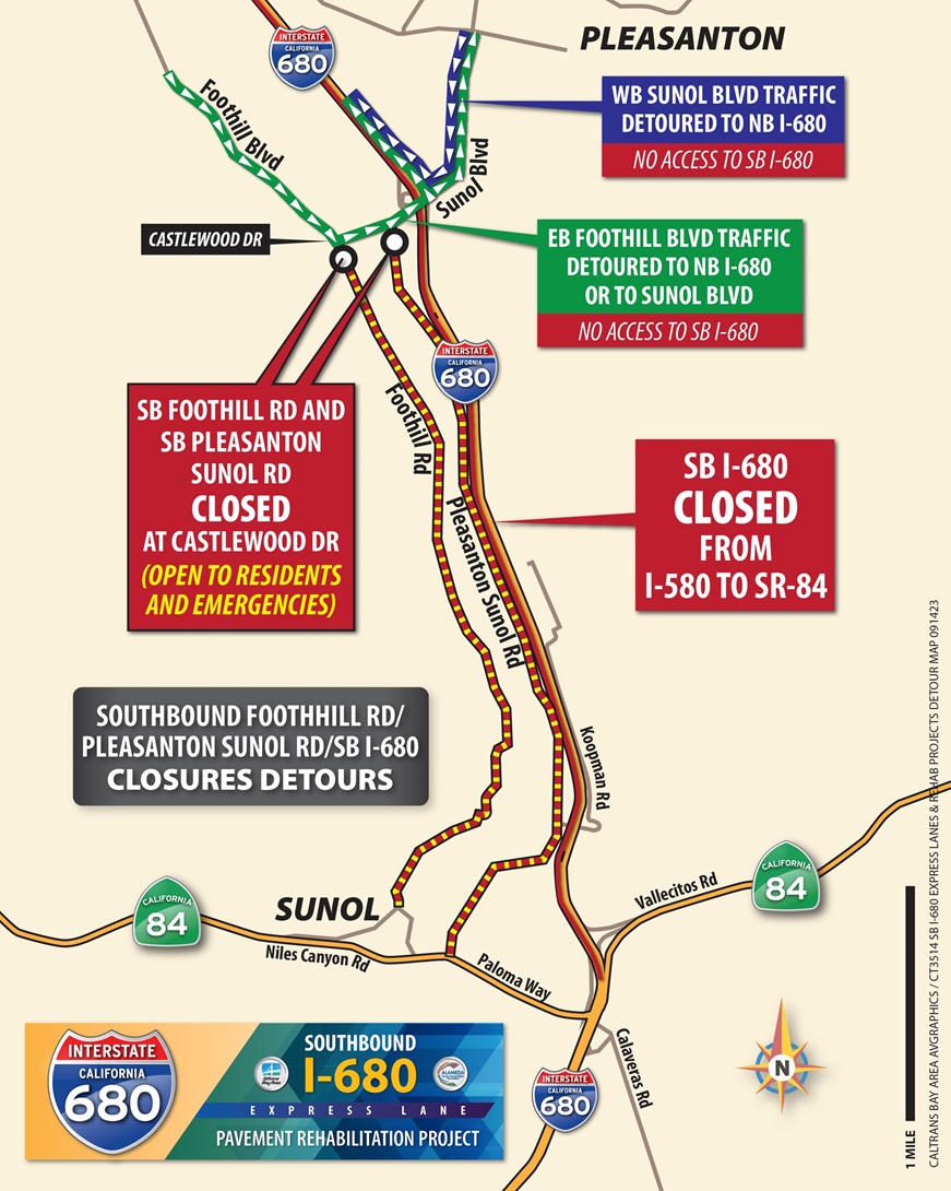 Map showing the closures of southbound I-680 and the closures of southbound Foothill Road and southbound Pleasanton Sunol Road at Castlewood Drive. (Southbound Foothill Road and southbound Pleasanton Sunol Road will be open to residents and emergencies.)