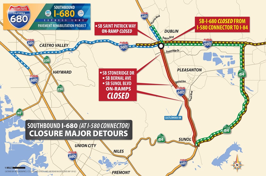 Map showing major detour routes for the closure of southbound I-680 in Alameda County. Motorists are advised to utilize I-580 to either I-880 or SR-84.