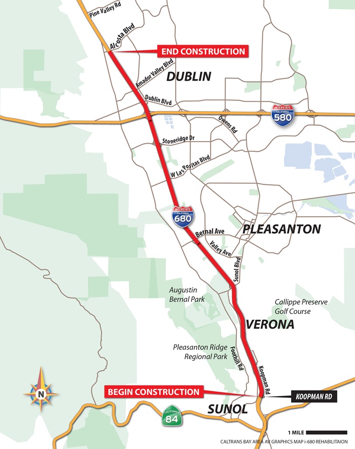 Map showing the full project area for the Interstate 680 Repaving Project between Koopman Road in Sunol and Acosta Boulevard in San Ramon.