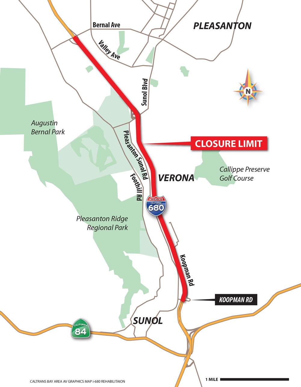A map showing the closure area on I-680 between Sunol and Pleasanton in Alameda county.
