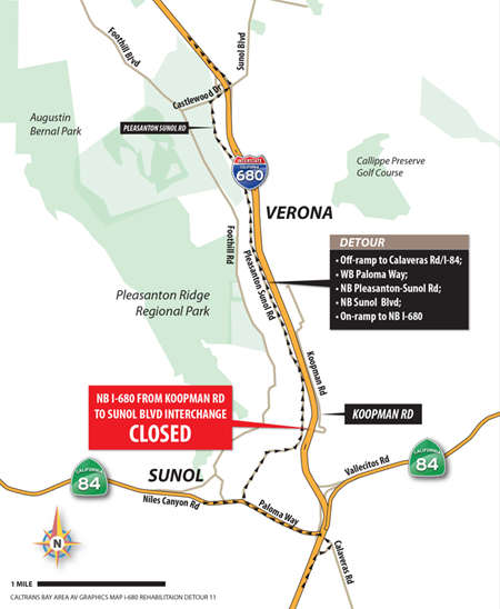 Map of the detour route for the first two weekend closures of Northbound 680. For 680 North Trafﬁc: Exit I-680 at Calaveras, take Paloma Way, take Pleasanton Sunol Road and re-enter northbound I-680 at Sunol Boulevard. For 580 East Trafﬁc: Take eastbound SR-84 to I-580.