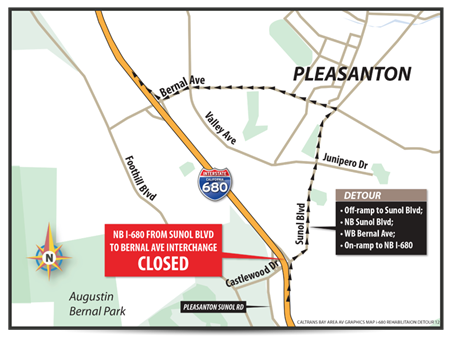 Map of the detour route for the weekend closures of Northbound 680 between the Sunol Boulevard and Bernal Avenue interchanges. For 680 North Trafﬁc: Off-ramp to Sunol Boulevard, Northbound Sunol Boulevard, Westbound Bernal Avenue, Onramp to northbound I-680