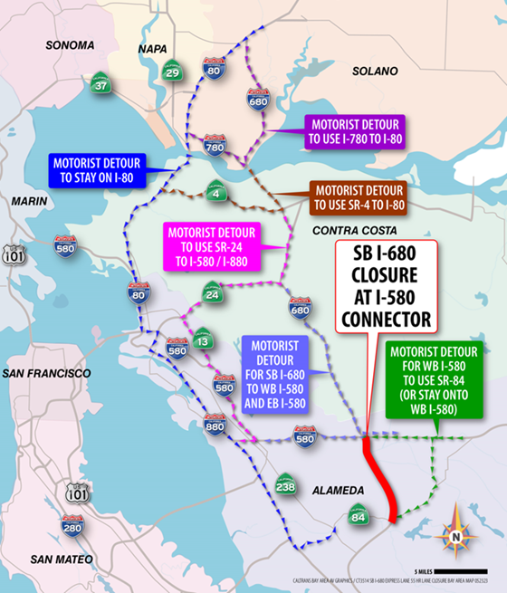 Map showing alternative routes that can be taken to avoid the June 2023 closure on SB I-680 in Alameda County.