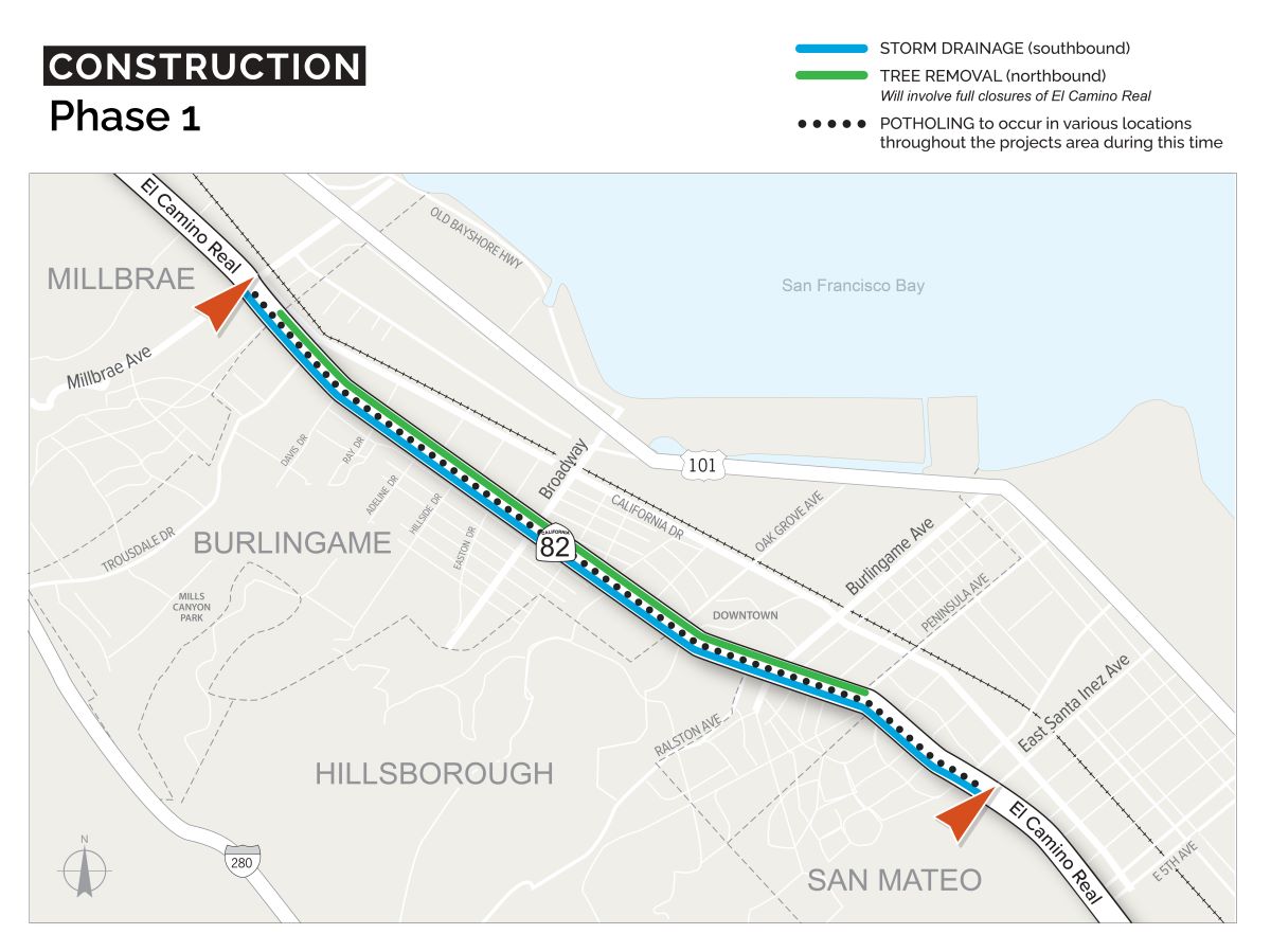 Project area map showing project extends on SR-82. Pothole repair to occur in both directions of SR-82 and storm drainage work will occur in the southbound direction between Millbrae Ave and East Santa Inez Ave in San Mateo County. Tree removal work will occur in the northbound direction within Burlingame.