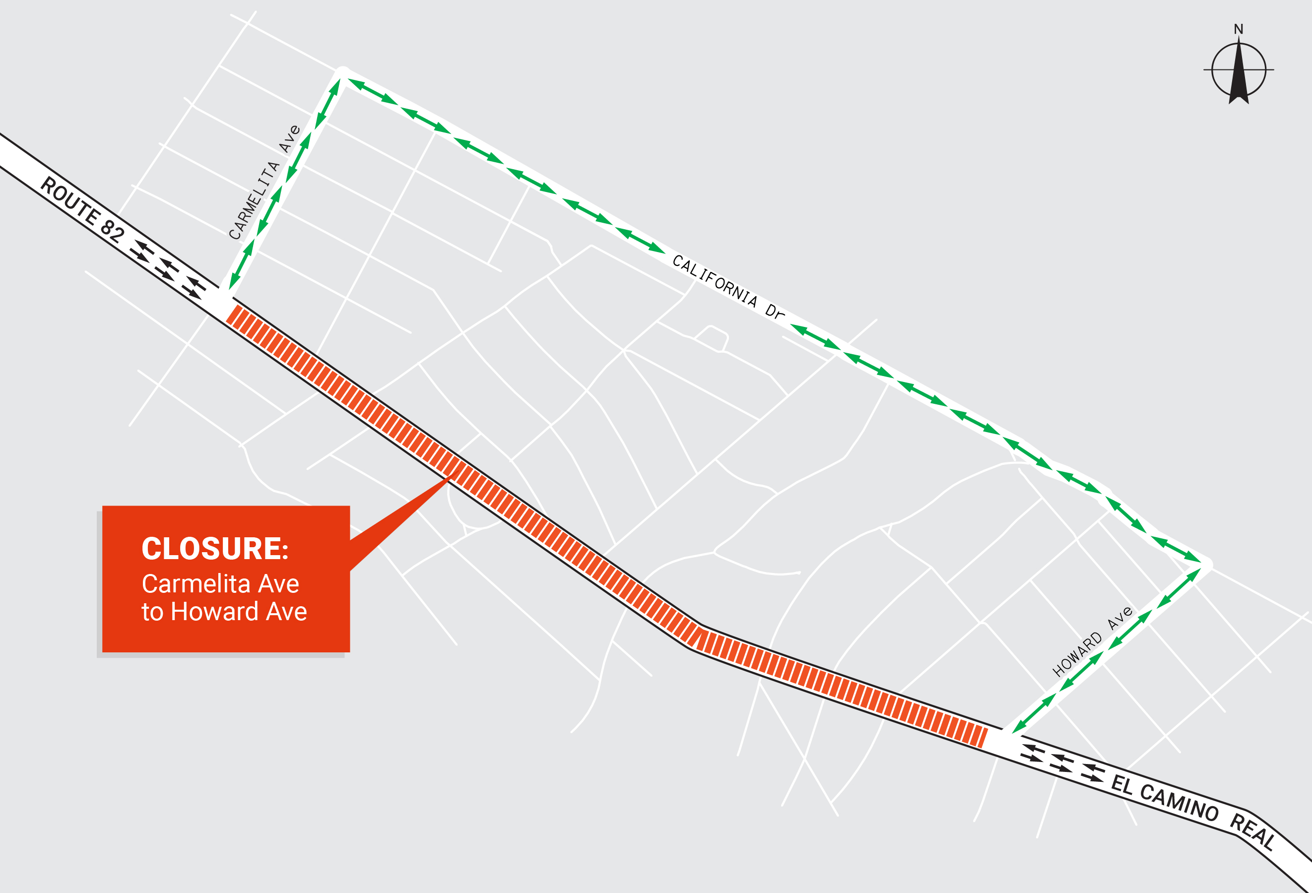 State Route 82 El Camino Real Roadway Renewal Detour map, Carmelita Ave to Howard Ave. Driving north on El Camino Real, turn right on Howard Ave, left on California Drive, left on Carmelita Ave, and right on El Camino Real. Driving south on El Camino Real, turn left on Carmelita Ave, right on California Drive, right on Howard Ave, and left on El Camino Real. 