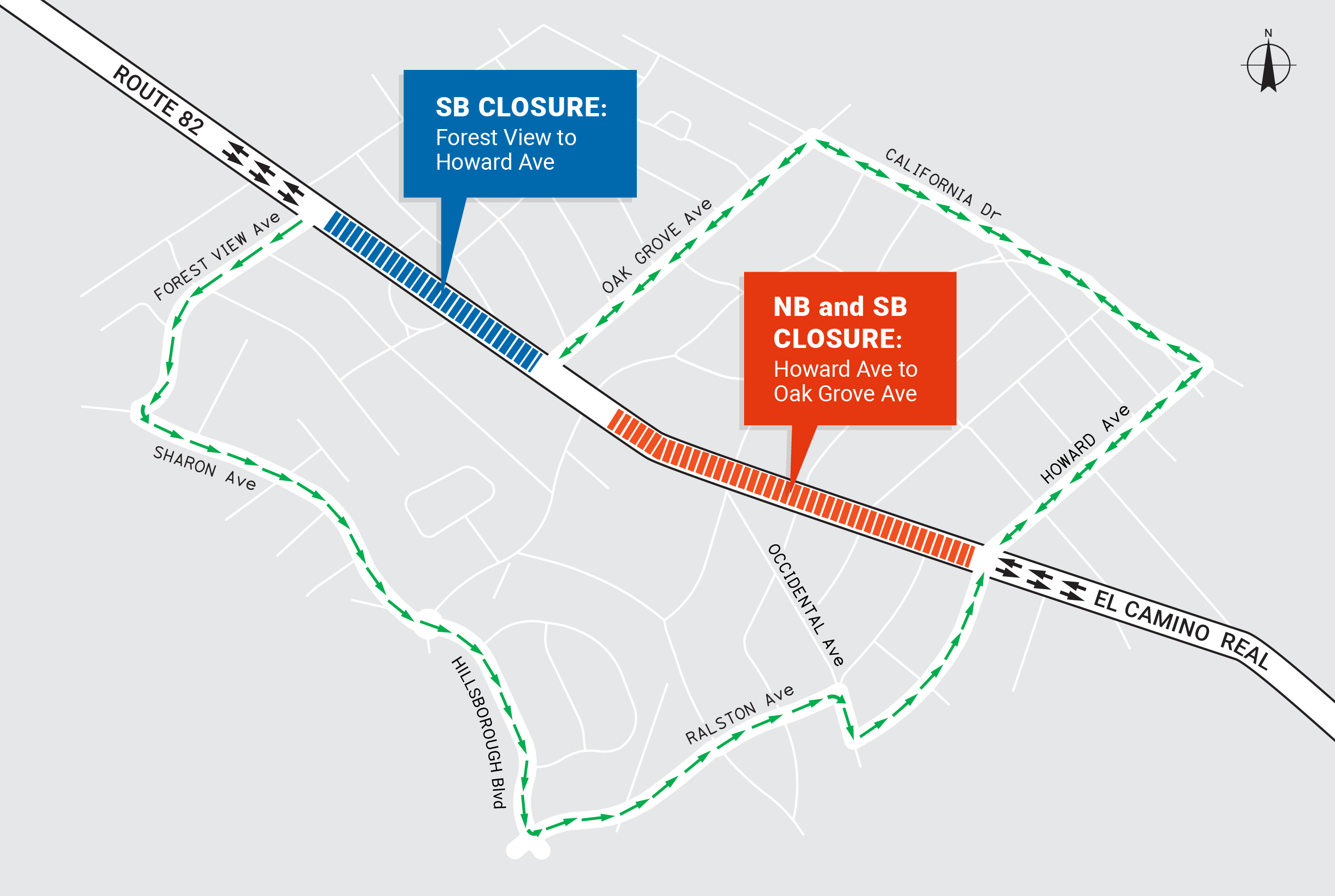 State Route 82 El Camino Real Roadway Renewal Detour map, Southbound closure Forest View to Howard Ave. Detour; Northbound and Southbound closure Howard Ave to Oak Grove Ave.