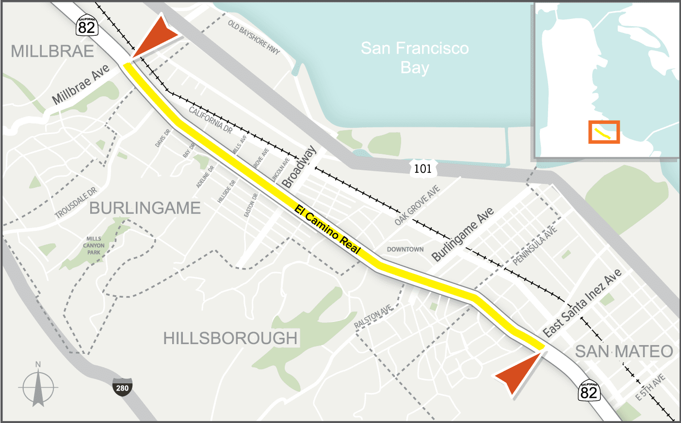 Project area map showing project extends on SR-82 between Millbrae Ave and East Santa Inez Ave in San Mateo County.
