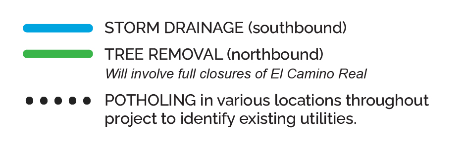 Project map key that indicates that the blue line show the location of storm damage repair work on southbound El Camino Real, the green line shows where tree removal work will occur along El Camino Real in the northbound direction, and the black, dotted line showing where work will occur in both directions to address potholing.