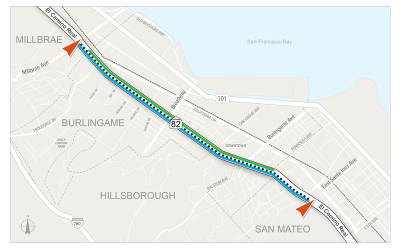 Project area map showing project extends on SR-82. Pothole repair to occur in both directions of SR-82 and storm drainage work will occur in the southbound direction between Millbrae Ave and East Santa Inez Ave in San Mateo County. Tree removal work will occur in the northbound direction within Burlingame.