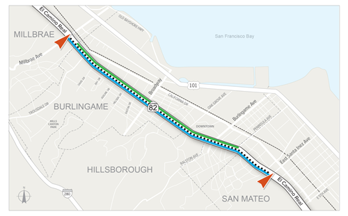 Project area map showing project extends on SR-82. Pothole repair to occur in both directions of SR-82 and storm drainage work will occur in the southbound direction between Millbrae Ave and East Santa Inez Ave in San Mateo County. Tree removal work will occur in the northbound direction within Burlingame.
